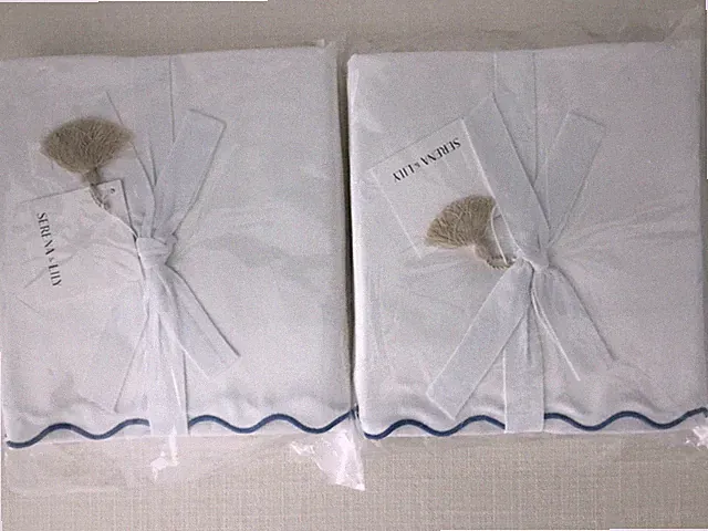 $436 NEW Serena & Lily Wave Scallop 2 Bedskirt s French Blue White Full PAIR