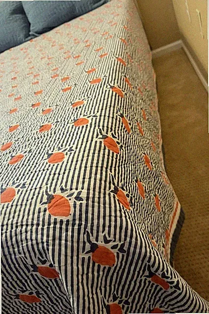 Serena And Lily Quilt, Full/Queen , White Blue Stripe w Orange, Reversible 92x90