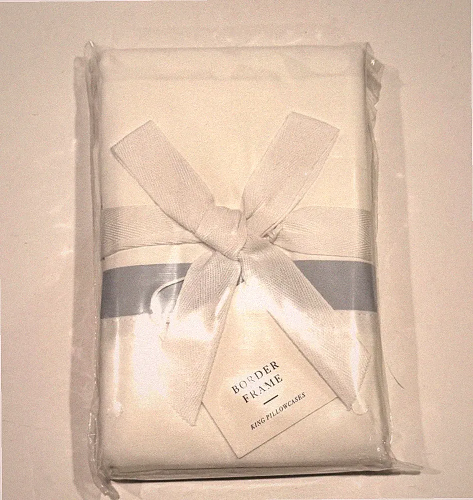 Serena & Lily Border Frame Sateen King Pillowcases Sky Blue Set 2 Cases NEW